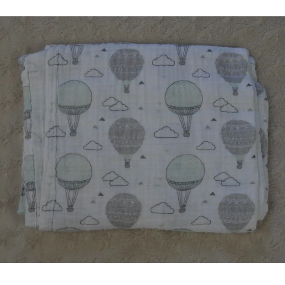 Modern Baby Hot Air Balloon Swaddle Blanket Gray Green White Muslin Cloud Cotton